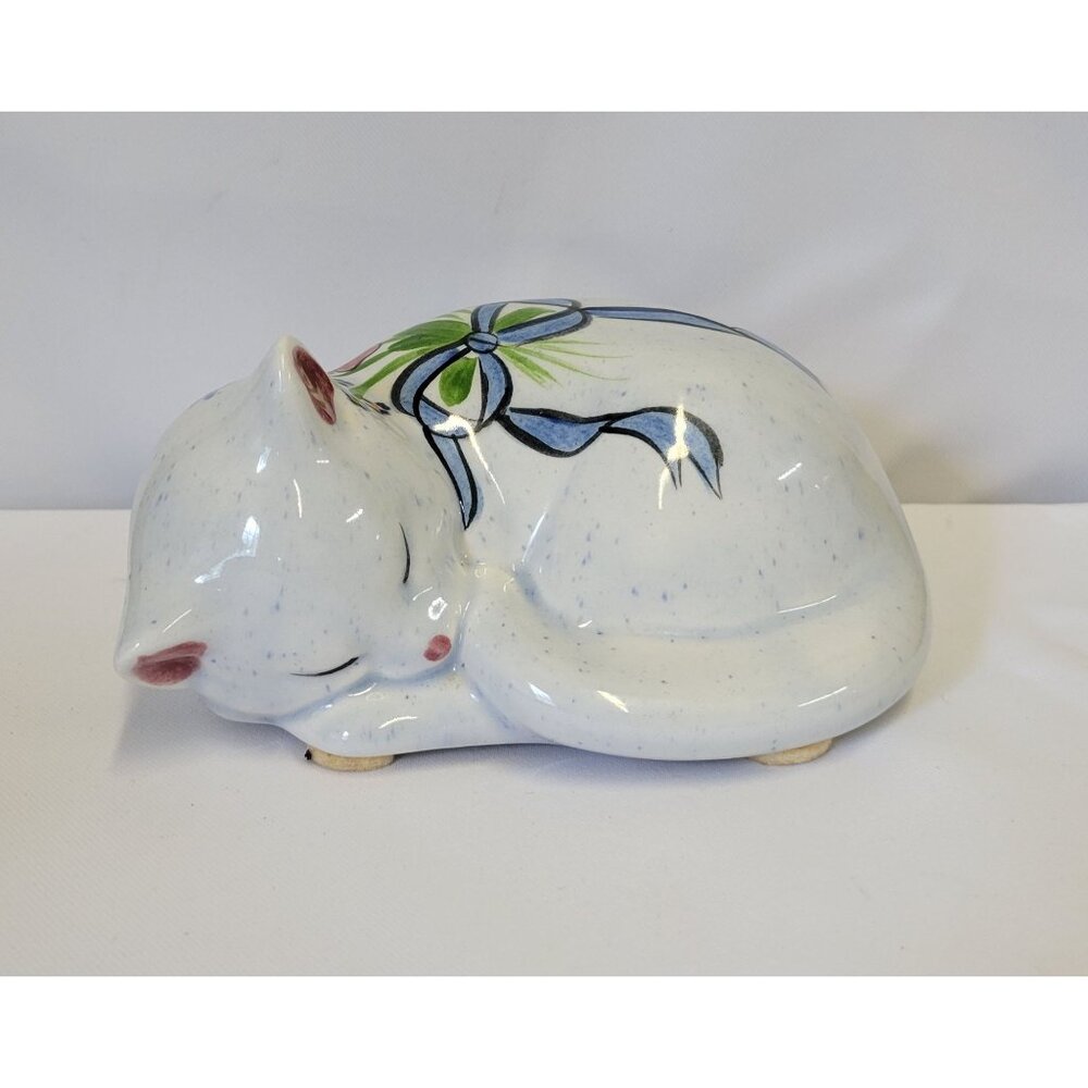 Vintage N.S Gustin Co Ceramic Blue Bow Sleeping Cat Figurine Decor A3